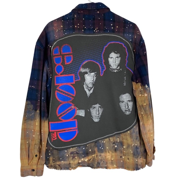 Hand Crafted Other - The Doors Band Flannel Shirt Shacket Mens Large Unisex Bleached Plaid Blue EUC
